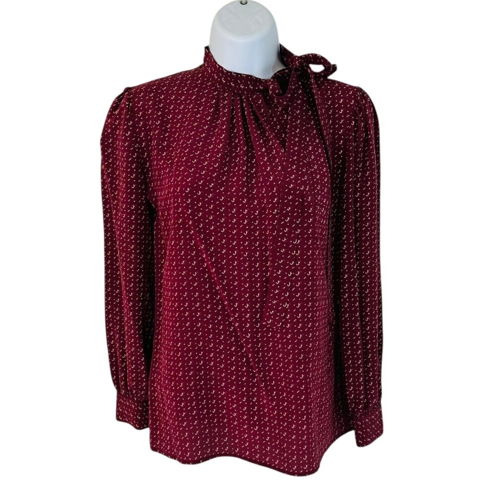 Levante Women's Size 6 Vintage Silk Print Side Neck Tie Burgundy Blouse